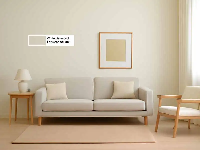 Ruang tamu minimalis dengan dinding cat soft white yang bersih dan lapang