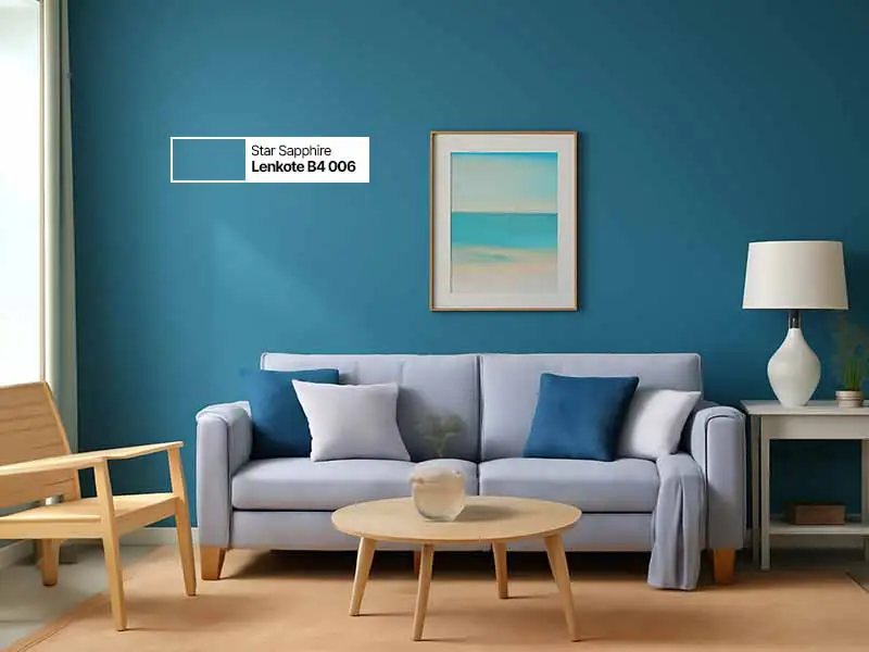 Ruang keluarga bernuansa coastal dengan dinding cat ocean blue yang sejuk